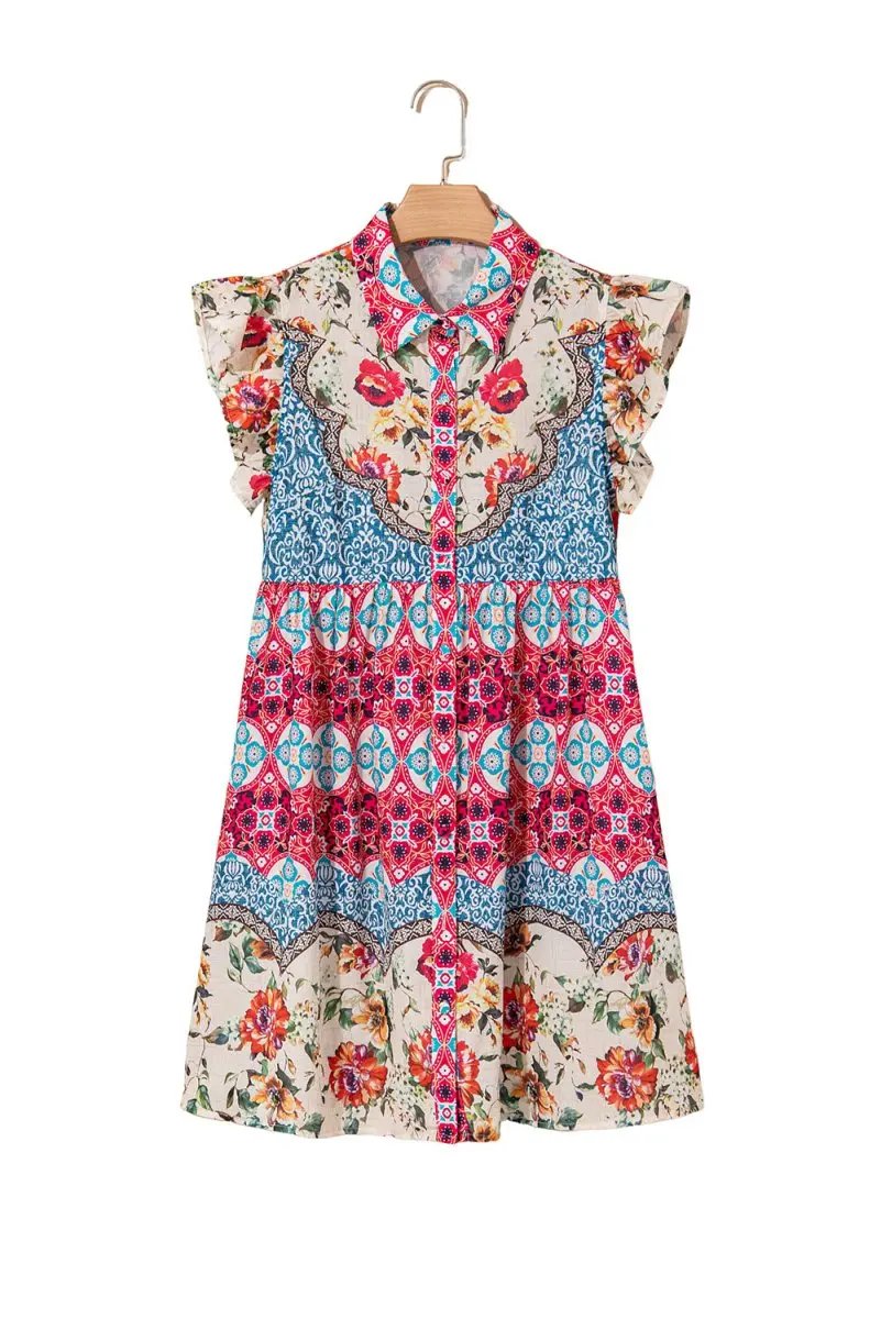 Rose Floral Mixed Pattern Ruffle Flutter Sleeve Dress - Love Salve